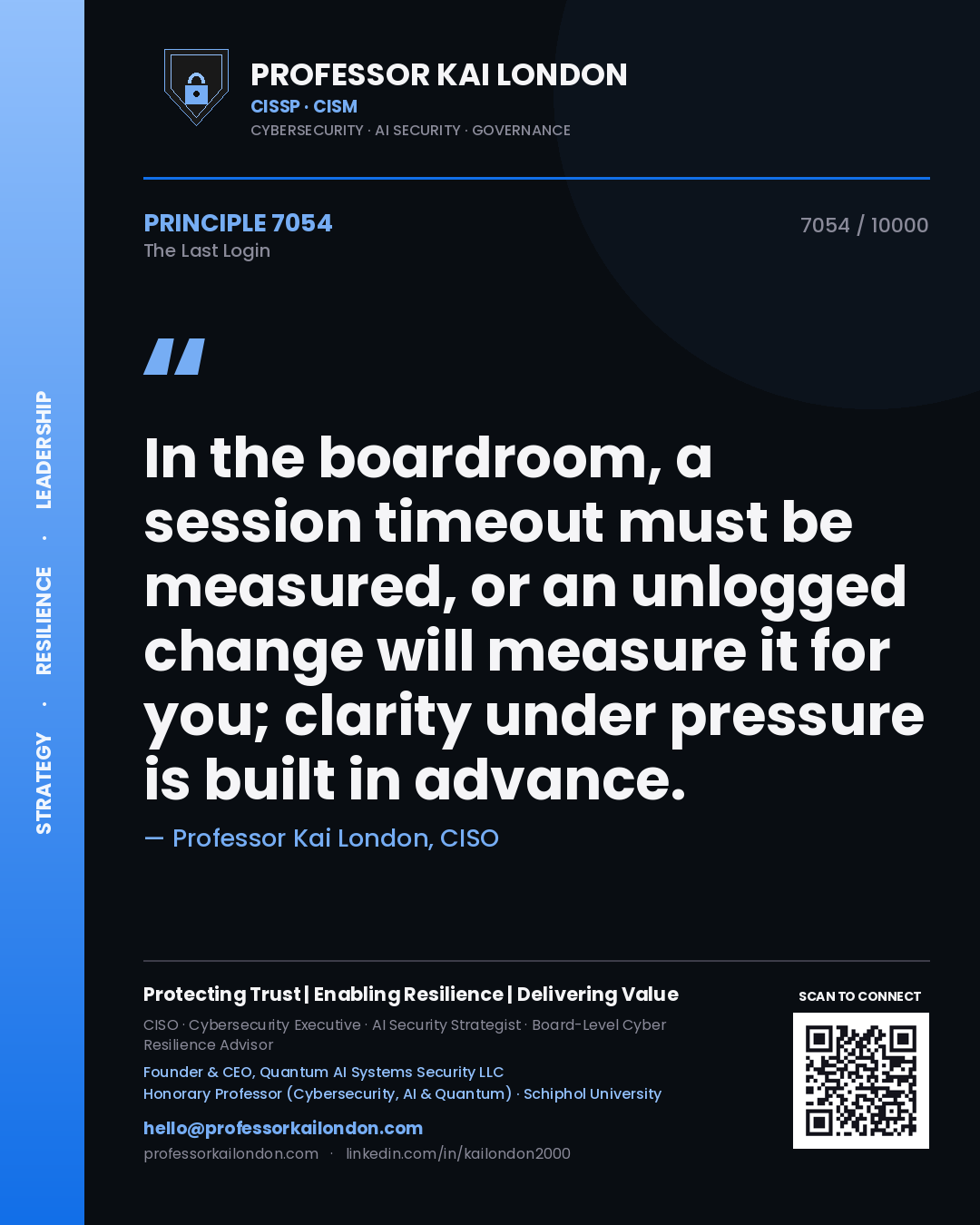 Professor Kai London principle 7054: In the boardroom, a session timeout must be measured, or an unlogged change will measure it for you; clarity under pressure is built in advance.
