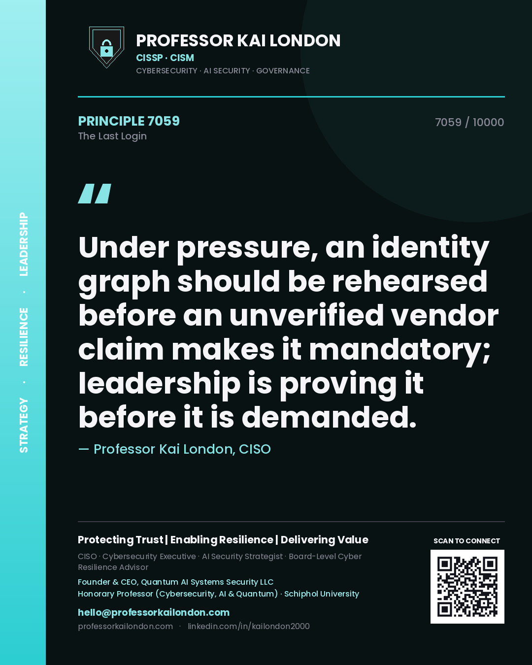 Professor Kai London principle 7059: Under pressure, an identity graph should be rehearsed before an unverified vendor claim makes it mandatory; leadership is proving it before it is demanded.