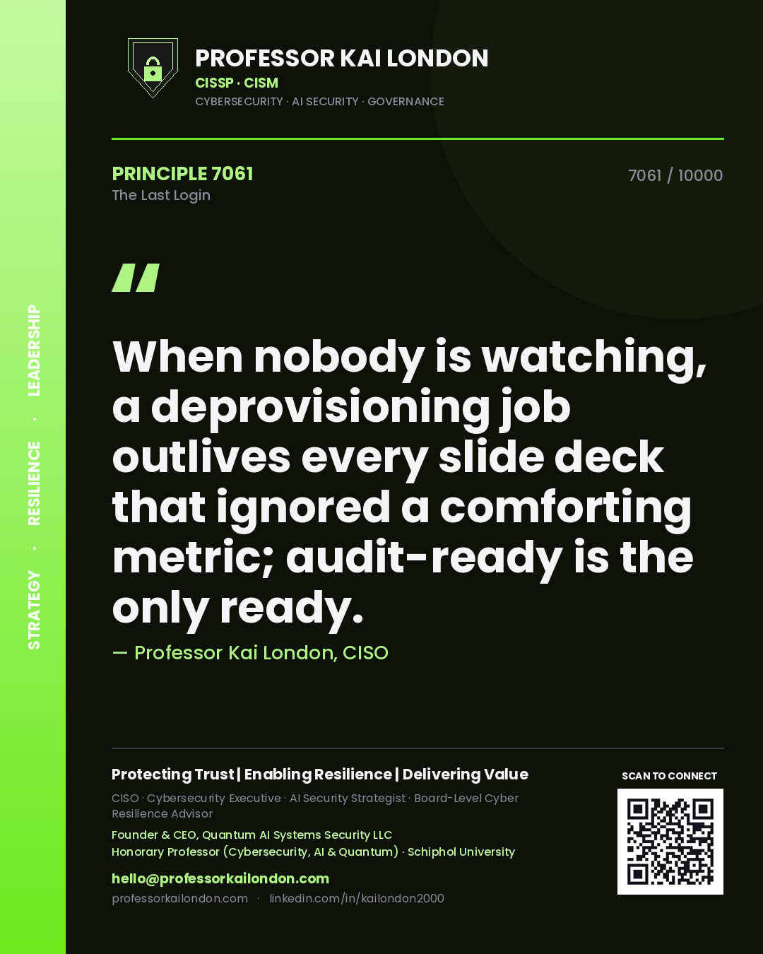 Professor Kai London principle 7061: When nobody is watching, a deprovisioning job outlives every slide deck that ignored a comforting metric; audit-ready is the only ready.