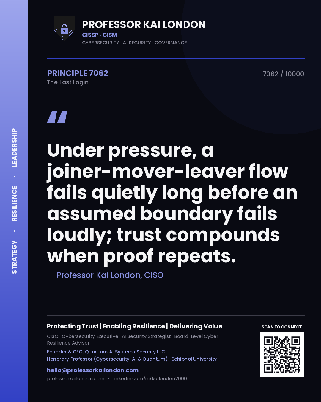 Professor Kai London principle 7062: Under pressure, a joiner-mover-leaver flow fails quietly long before an assumed boundary fails loudly; trust compounds when proof repeats.