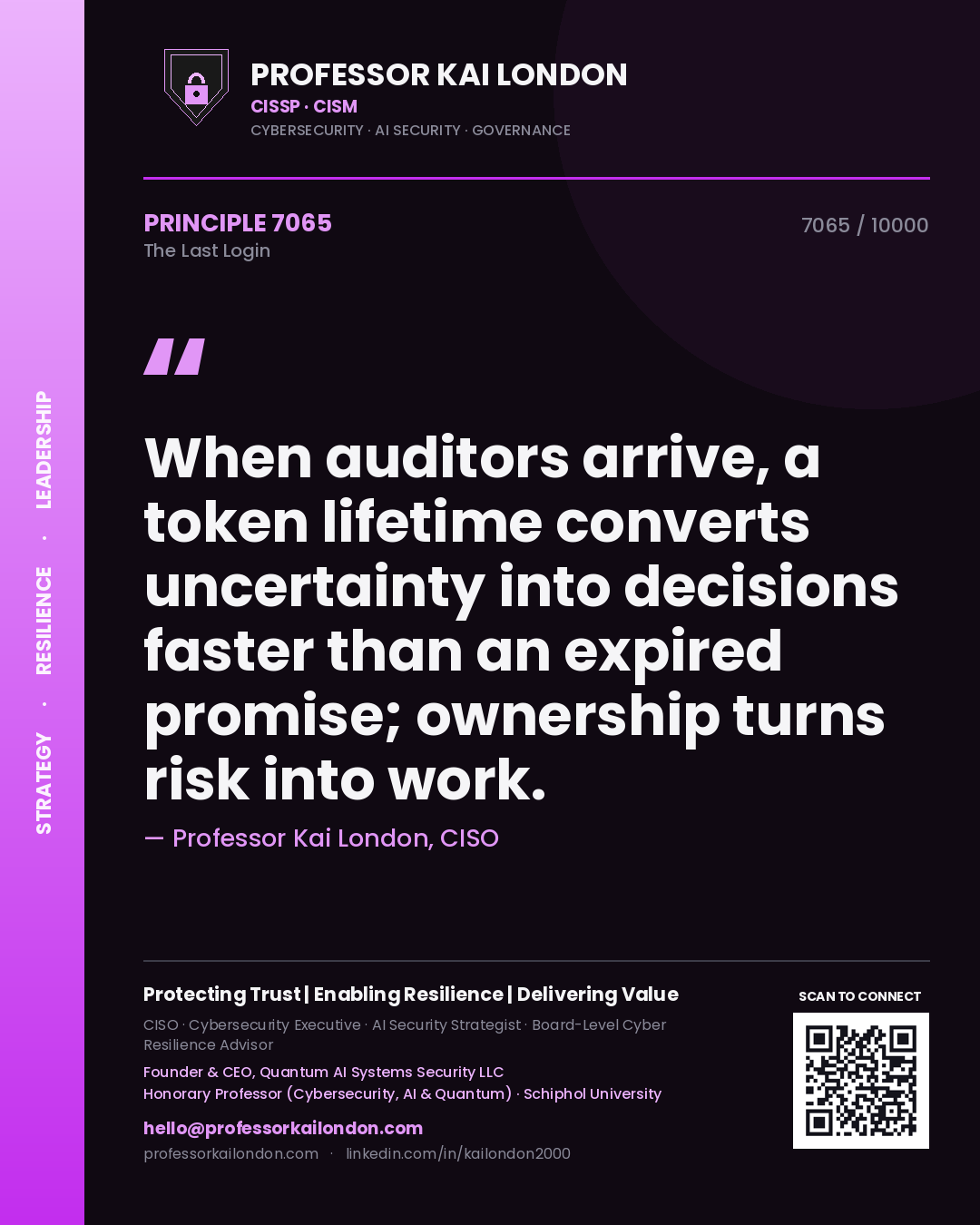Professor Kai London principle 7065: When auditors arrive, a token lifetime converts uncertainty into decisions faster than an expired promise; ownership turns risk into work.