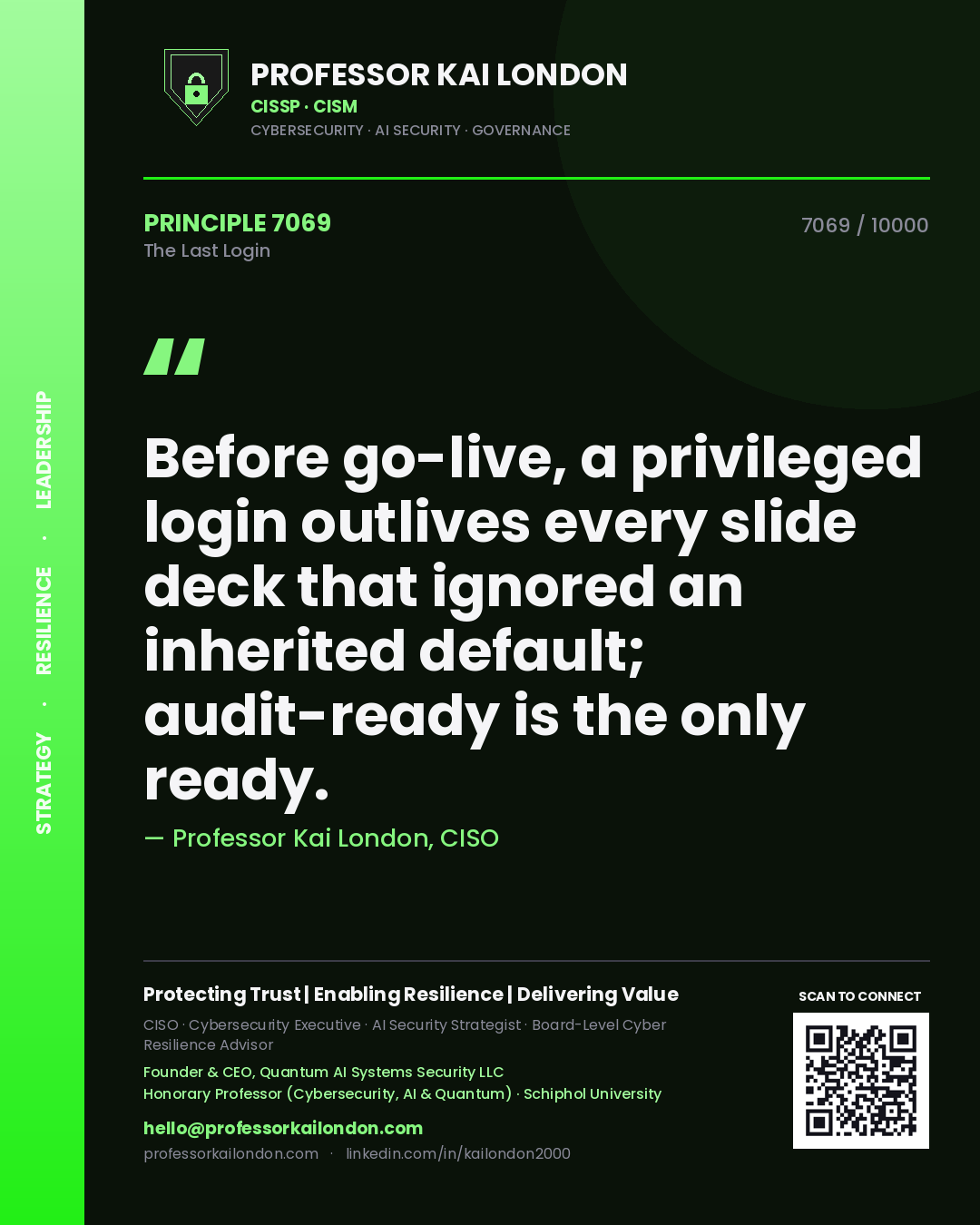 Professor Kai London principle 7069: Before go-live, a privileged login outlives every slide deck that ignored an inherited default; audit-ready is the only ready.