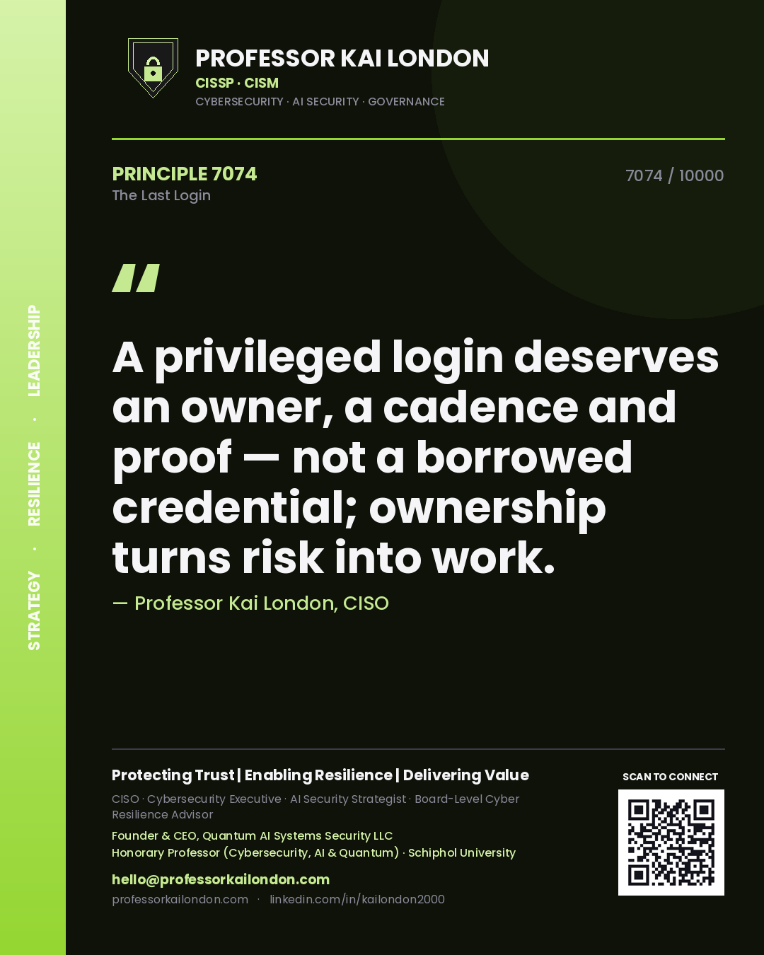 Professor Kai London principle 7074: A privileged login deserves an owner, a cadence and proof — not a borrowed credential; ownership turns risk into work.