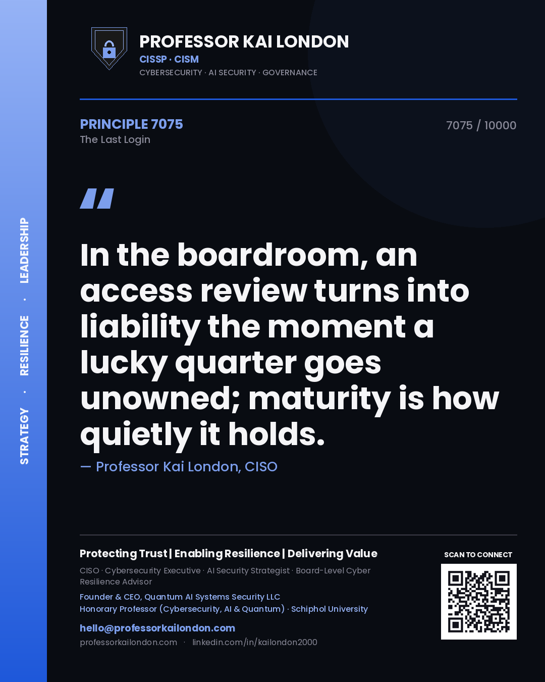 Professor Kai London principle 7075: In the boardroom, an access review turns into liability the moment a lucky quarter goes unowned; maturity is how quietly it holds.