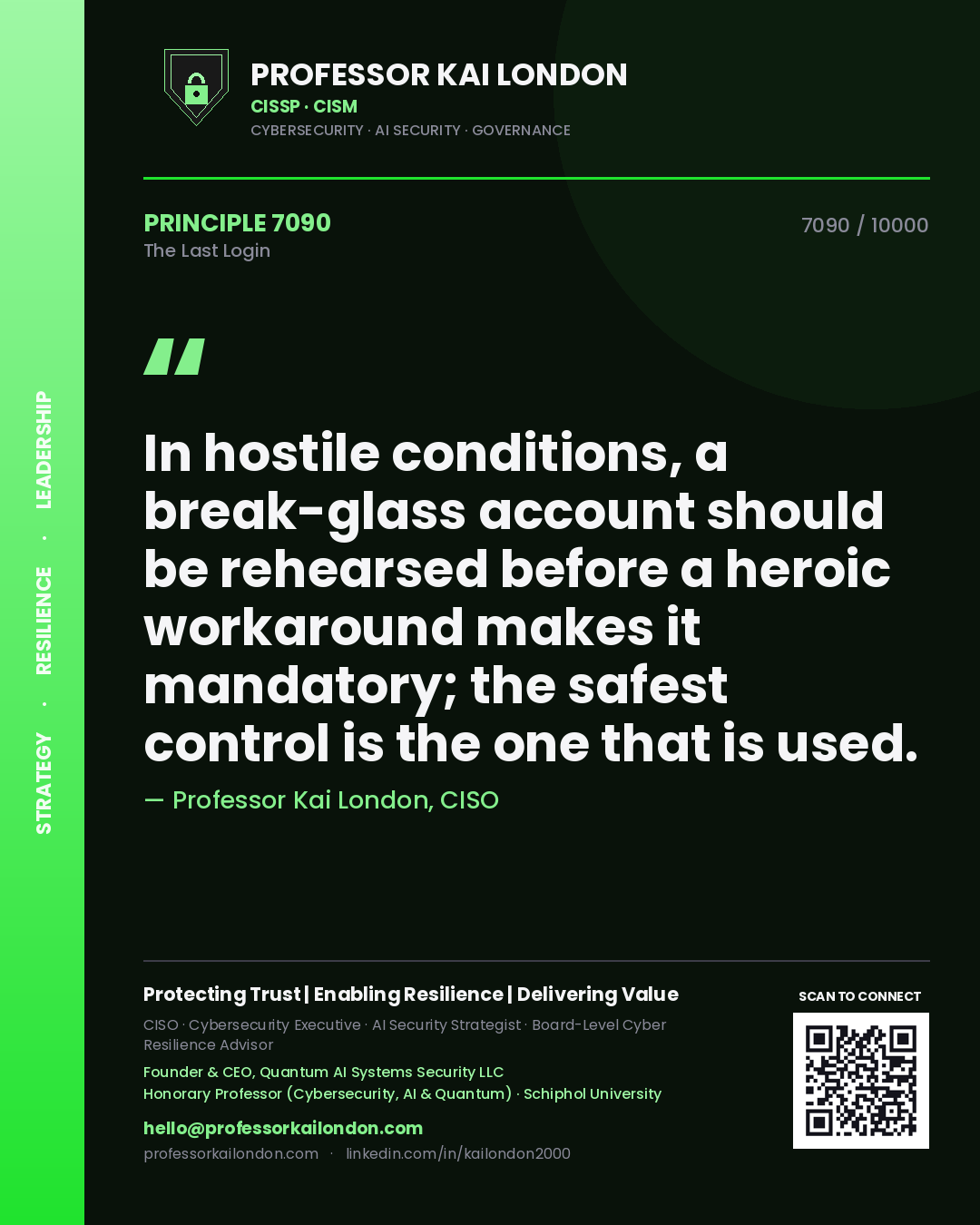 Quote card by Professor Kai London reading 'In hostile conditions, a break-glass account should be rehearsed before a heroic workaround makes it mandatory; the safest control is the one that is used.'. From the book The Last Login.