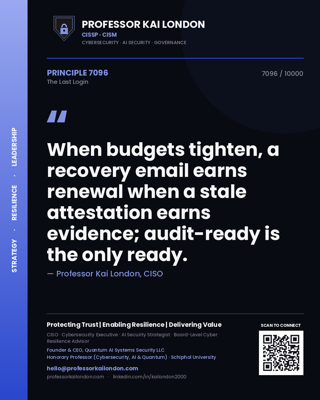 Quote card by Professor Kai London reading 'When budgets tighten, a recovery email earns renewal when a stale attestation earns evidence; audit-ready is the only ready.'. From the book The Last Login.