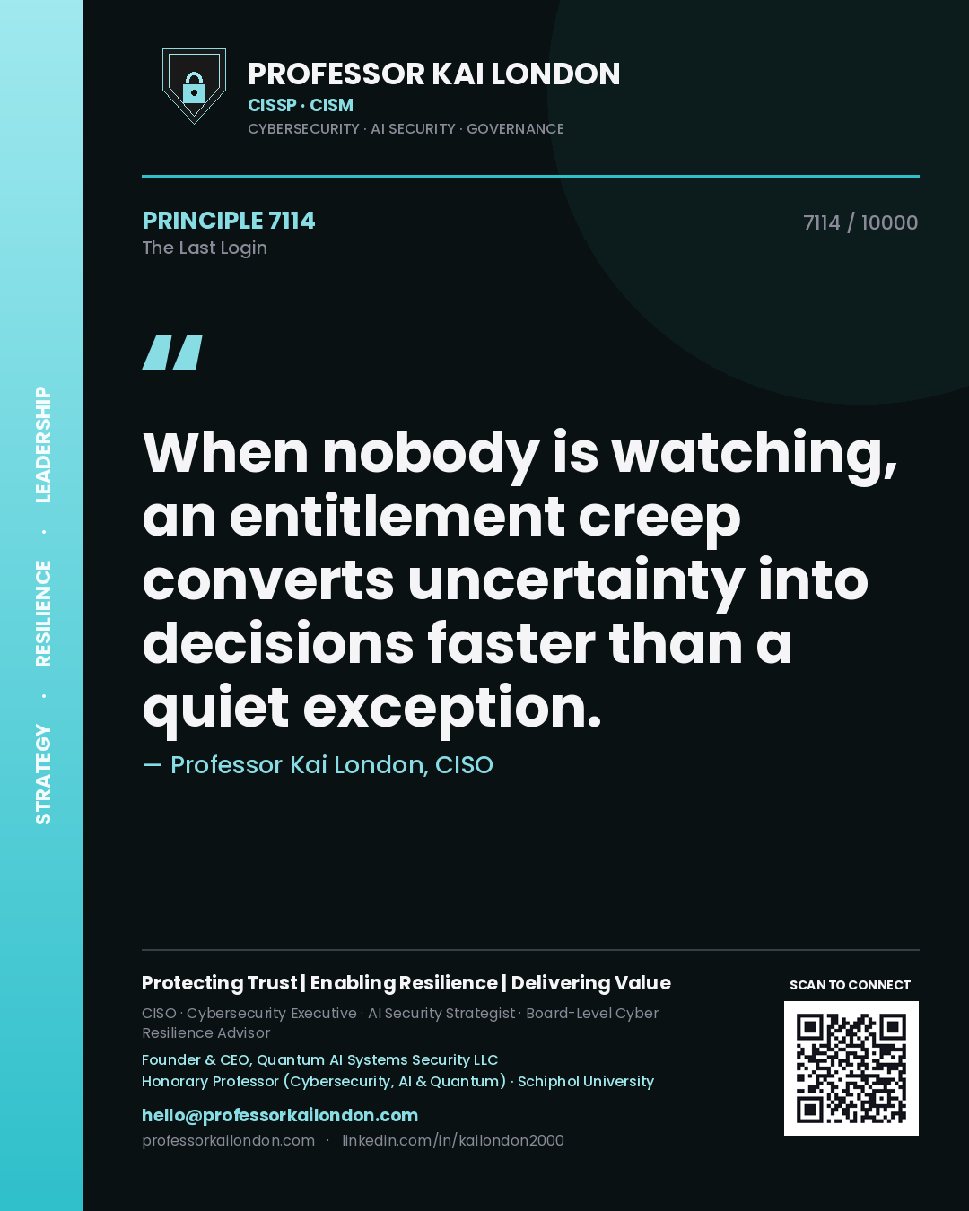 Quote card by Professor Kai London reading 'When nobody is watching, an entitlement creep converts uncertainty into decisions faster than a quiet exception.'. From the book The Last Login.