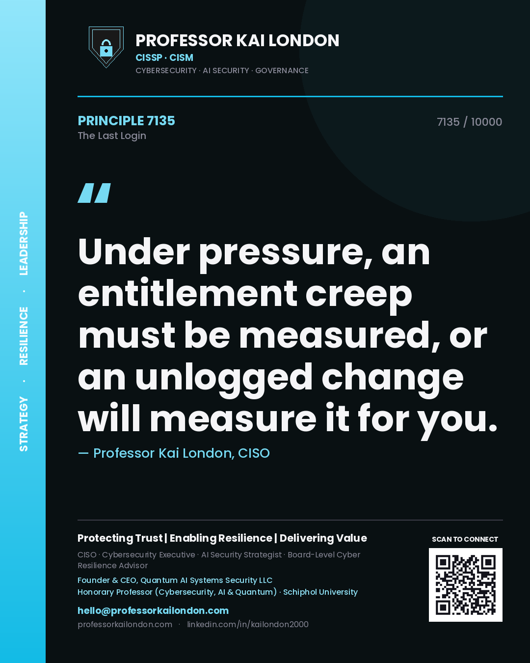 Quote card by Professor Kai London reading 'Under pressure, an entitlement creep must be measured, or an unlogged change will measure it for you.'. From the book The Last Login.