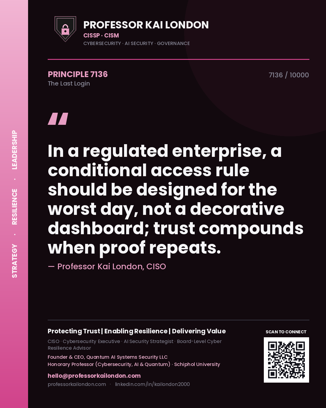 Quote card by Professor Kai London reading 'In a regulated enterprise, a conditional access rule should be designed for the worst day, not a decorative dashboard; trust compounds when proof repeats.'. From the book The Last Login.