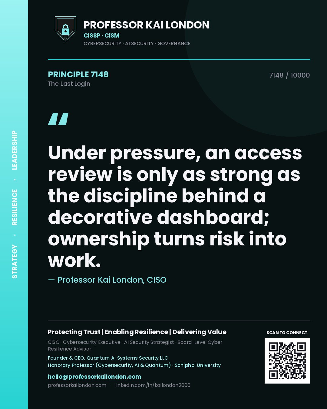Quote card by Professor Kai London reading 'Under pressure, an access review is only as strong as the discipline behind a decorative dashboard; ownership turns risk into work.'. From the book The Last Login.