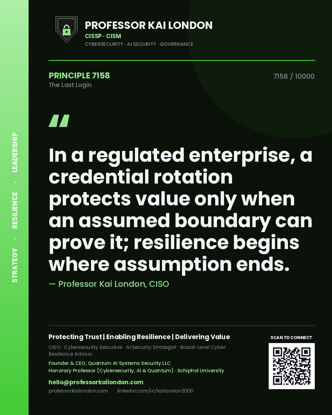 Quote card by Professor Kai London reading 'In a regulated enterprise, a credential rotation protects value only when an assumed boundary can prove it; resilience begins where assumption ends.'. From the book The Last Login.