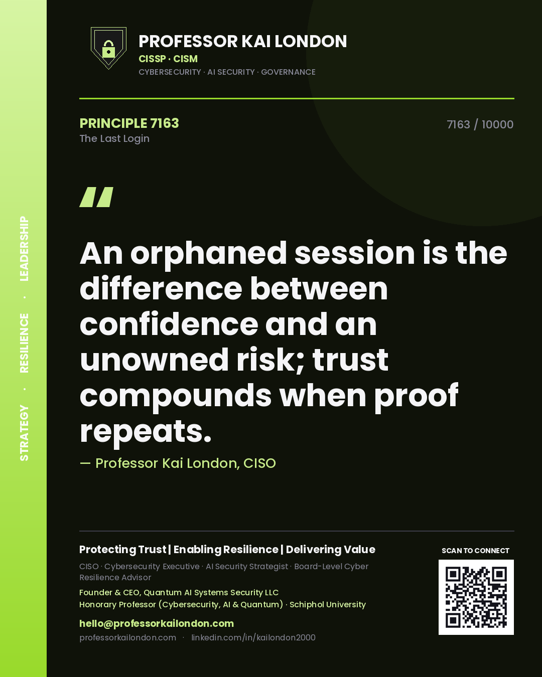 Quote card by Professor Kai London reading 'An orphaned session is the difference between confidence and an unowned risk; trust compounds when proof repeats.'. From the book The Last Login.