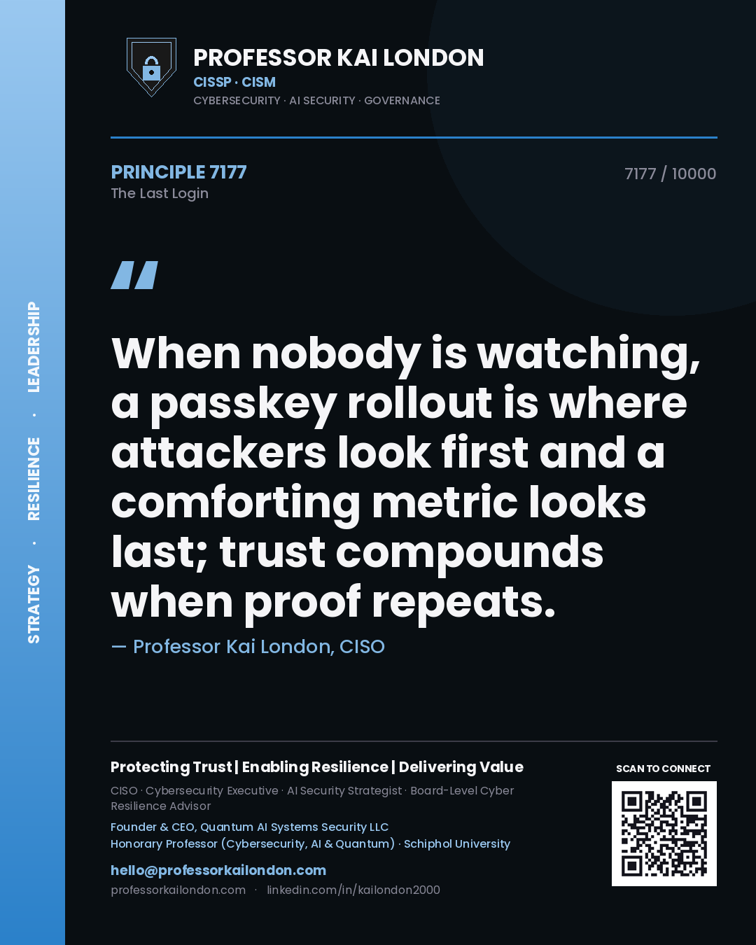 Quote card by Professor Kai London reading 'When nobody is watching, a passkey rollout is where attackers look first and a comforting metric looks last; trust compounds when proof repeats.'. From the book The Last Login.