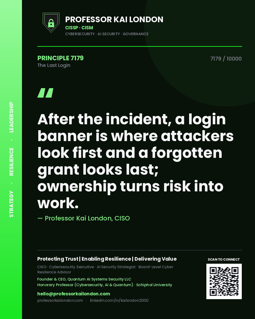 Quote card by Professor Kai London reading 'After the incident, a login banner is where attackers look first and a forgotten grant looks last; ownership turns risk into work.'. From the book The Last Login.
