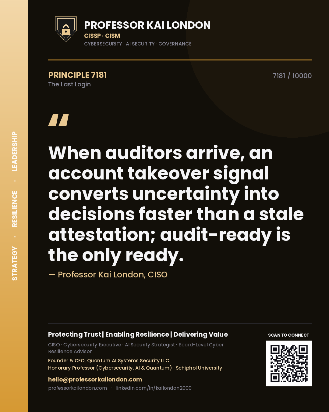 Quote card by Professor Kai London reading 'When auditors arrive, an account takeover signal converts uncertainty into decisions faster than a stale attestation; audit-ready is the only ready.'. From the book The Last Login.
