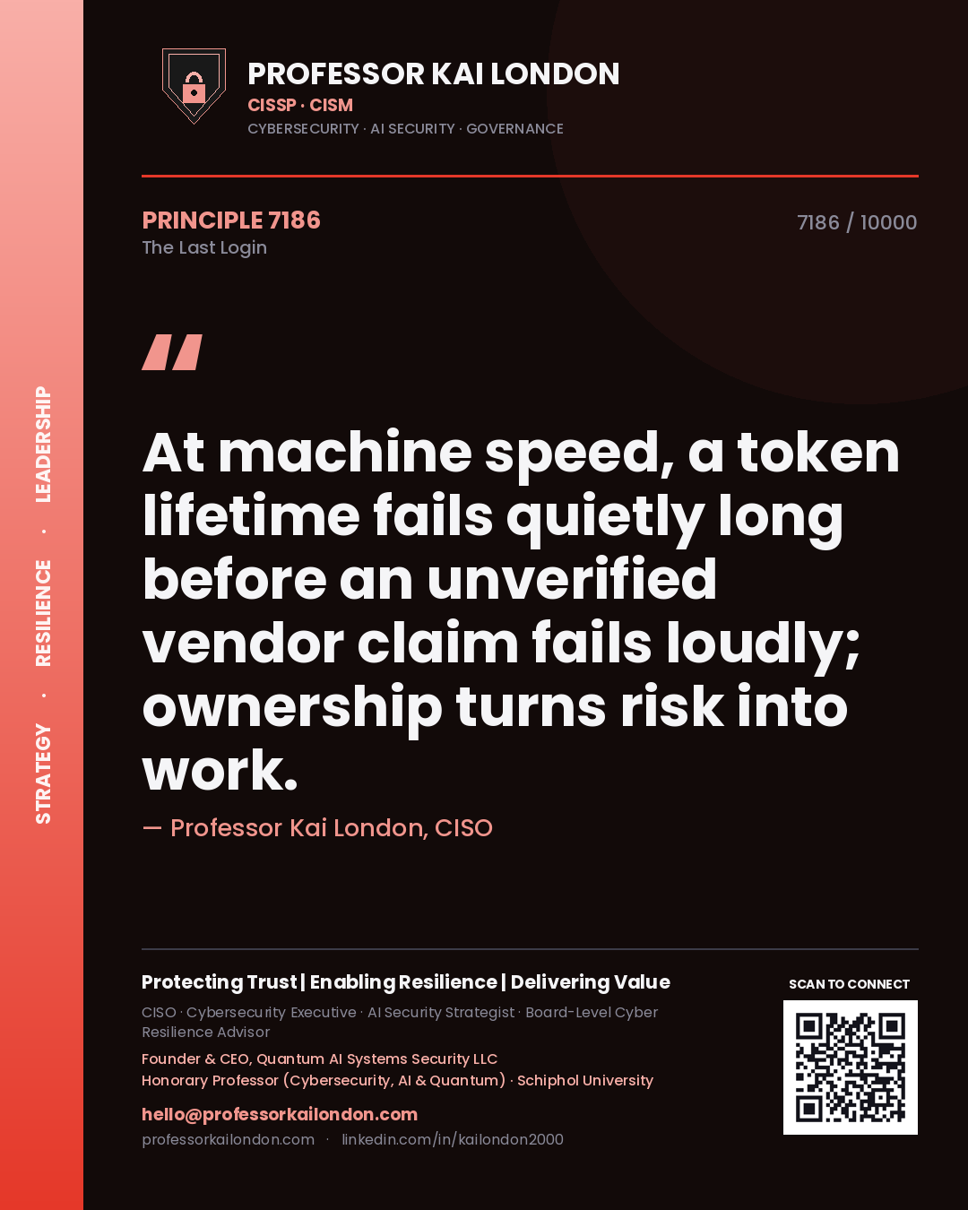 Quote card by Professor Kai London reading 'At machine speed, a token lifetime fails quietly long before an unverified vendor claim fails loudly; ownership turns risk into work.'. From the book The Last Login.