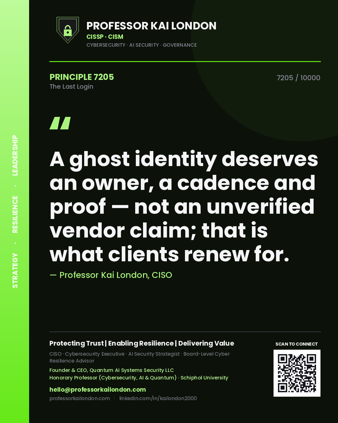 Quote card by Professor Kai London reading 'A ghost identity deserves an owner, a cadence and proof — not an unverified vendor claim; that is what clients renew for.'. From the book The Last Login.