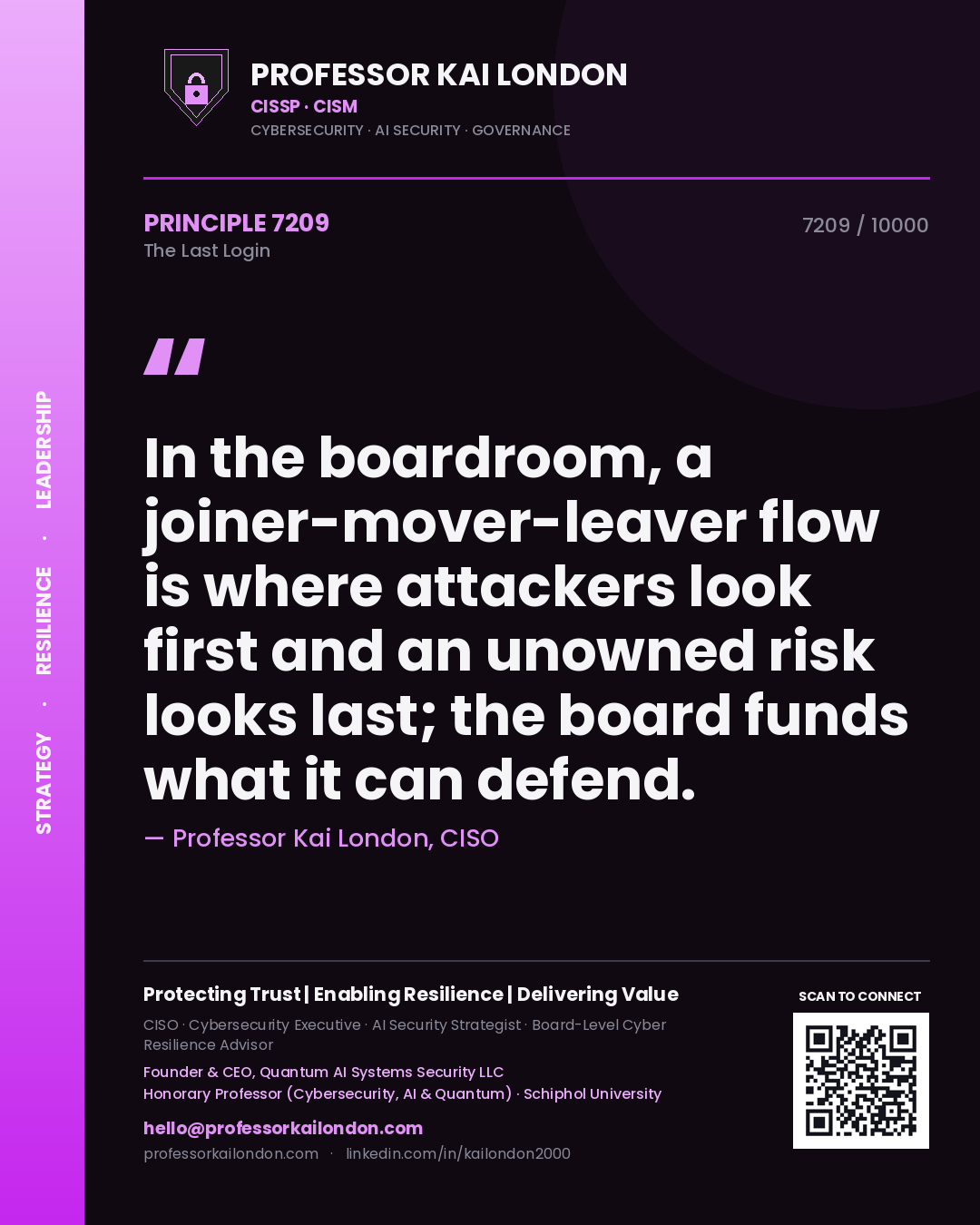 Professor Kai London principle 7209: In the boardroom, a joiner-mover-leaver flow is where attackers look first and an unowned risk looks last; the board funds what it can defend.