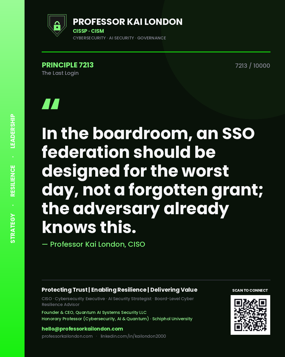 Professor Kai London principle 7213: In the boardroom, an SSO federation should be designed for the worst day, not a forgotten grant; the adversary already knows this.