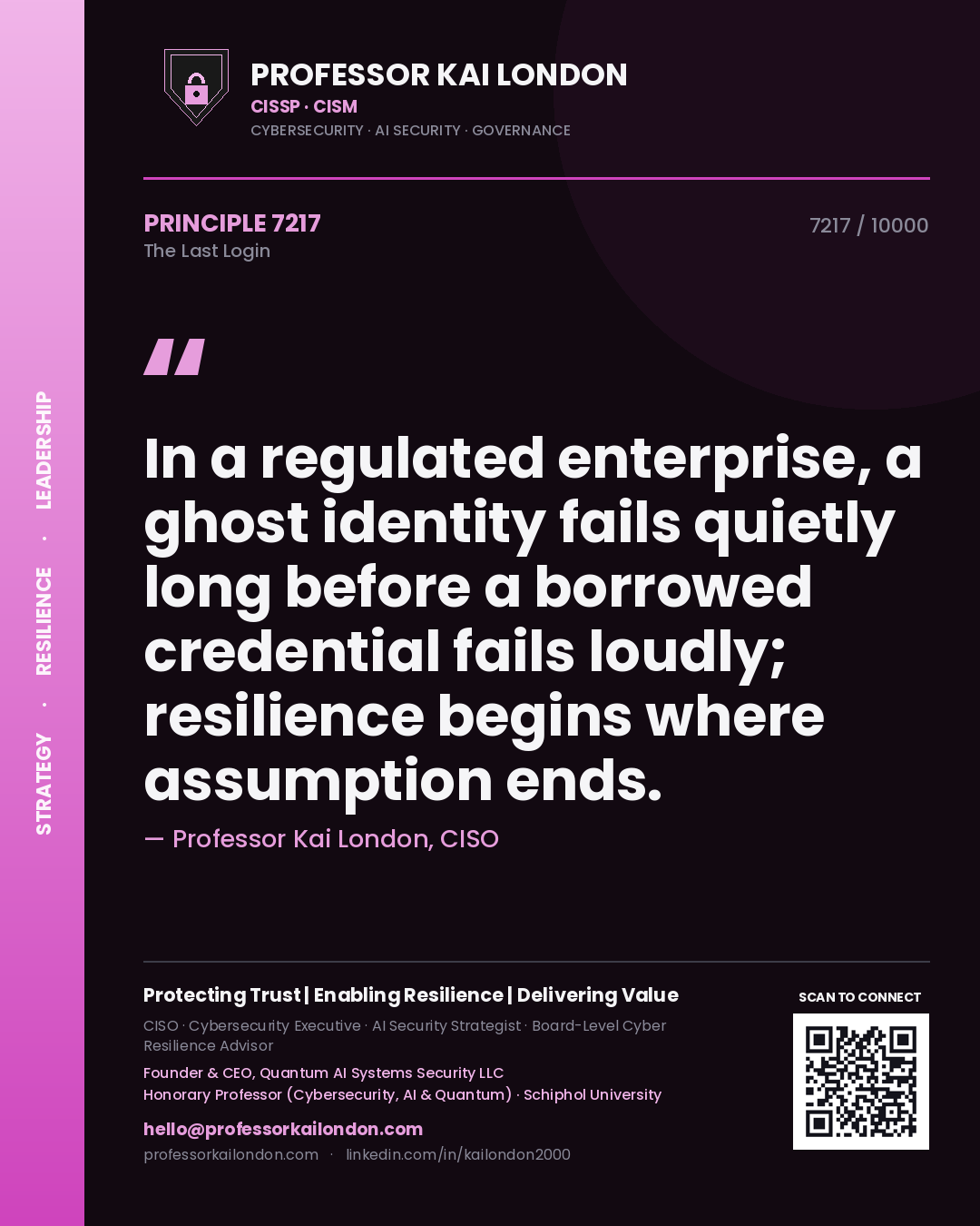 Quote card by Professor Kai London reading 'In a regulated enterprise, a ghost identity fails quietly long before a borrowed credential fails loudly; resilience begins where assumption ends.'. From the book The Last Login.