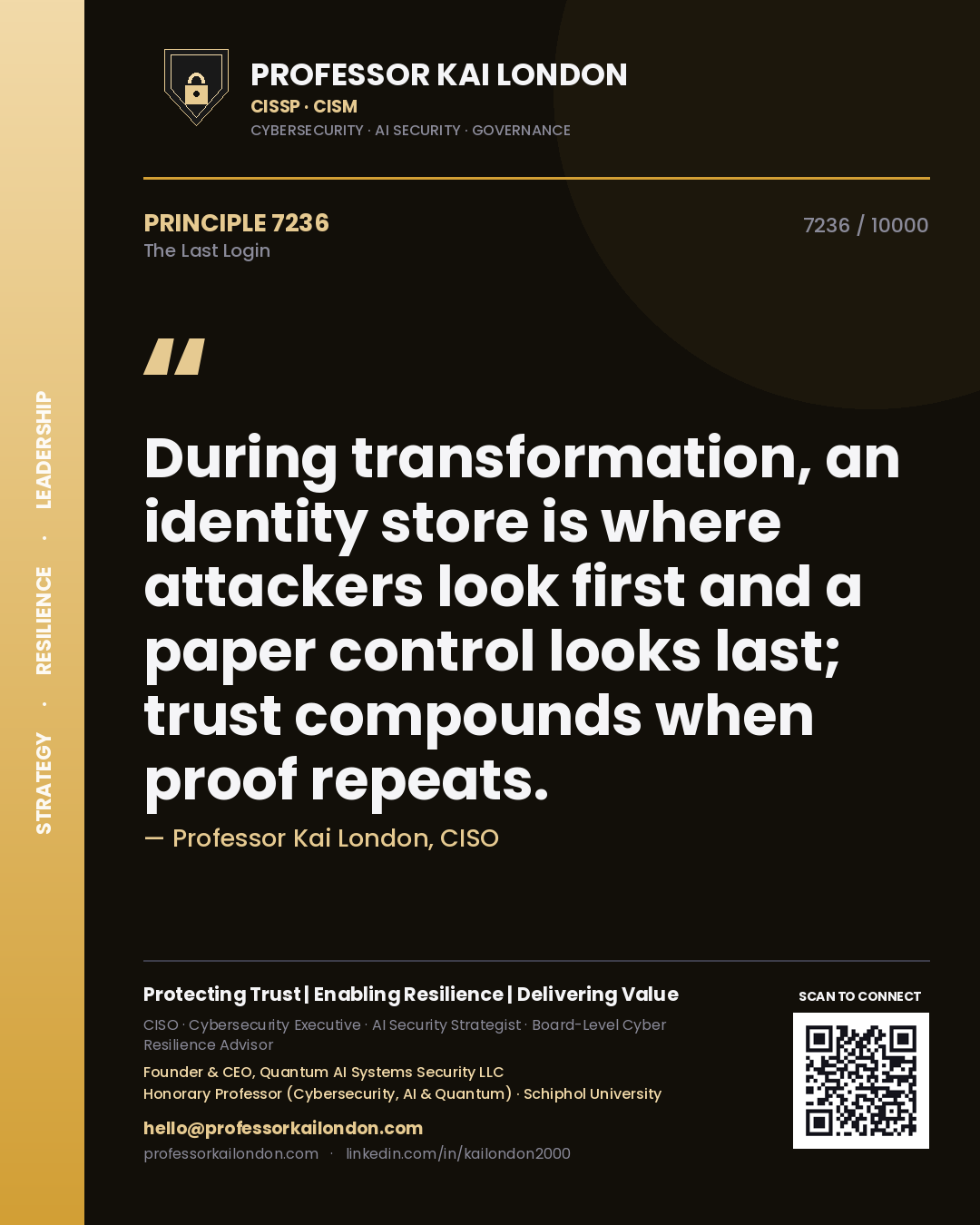Professor Kai London principle 7236: During transformation, an identity store is where attackers look first and a paper control looks last; trust compounds when proof repeats.