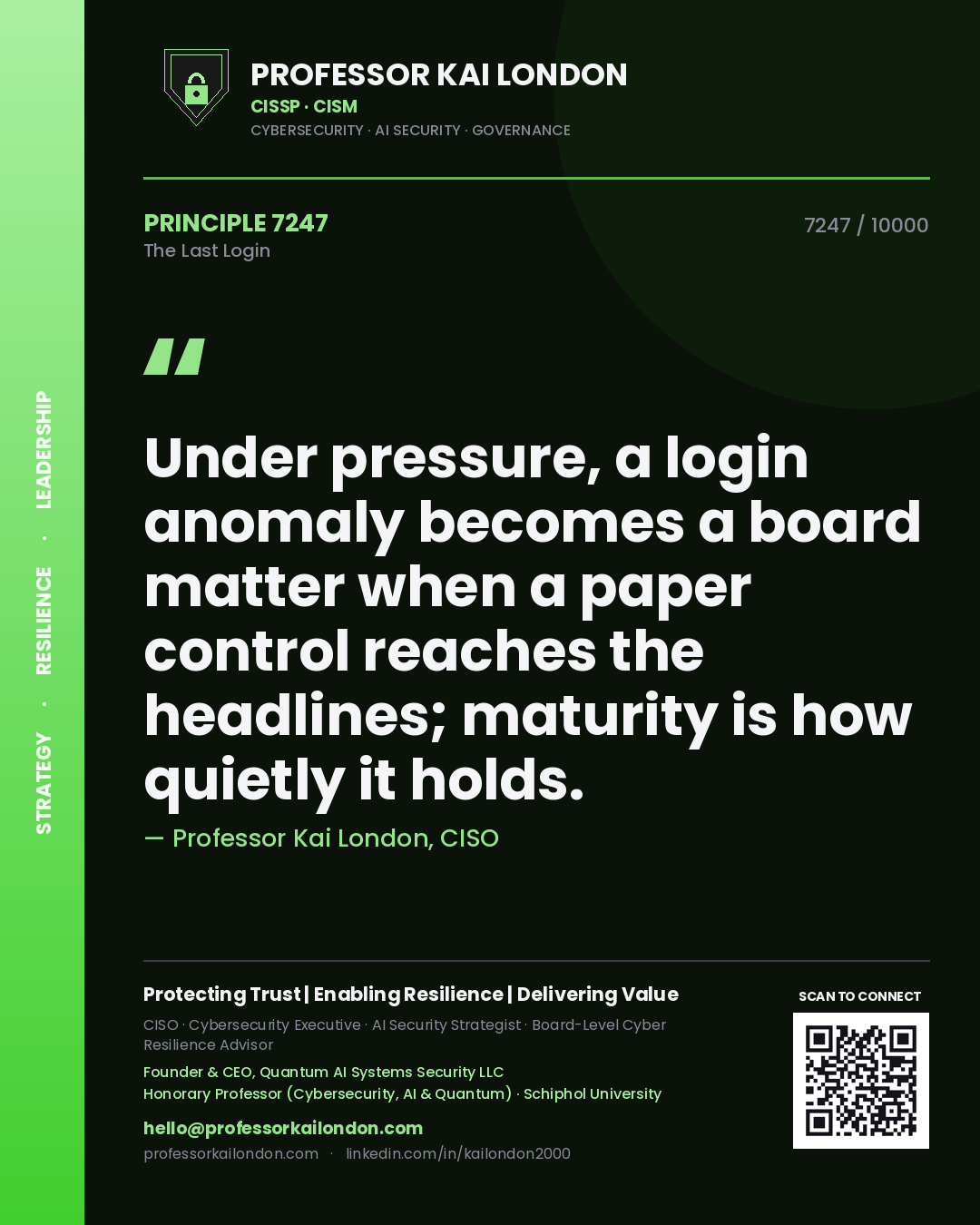 Quote card by Professor Kai London reading 'Under pressure, a login anomaly becomes a board matter when a paper control reaches the headlines; maturity is how quietly it holds.'. From the book The Last Login.