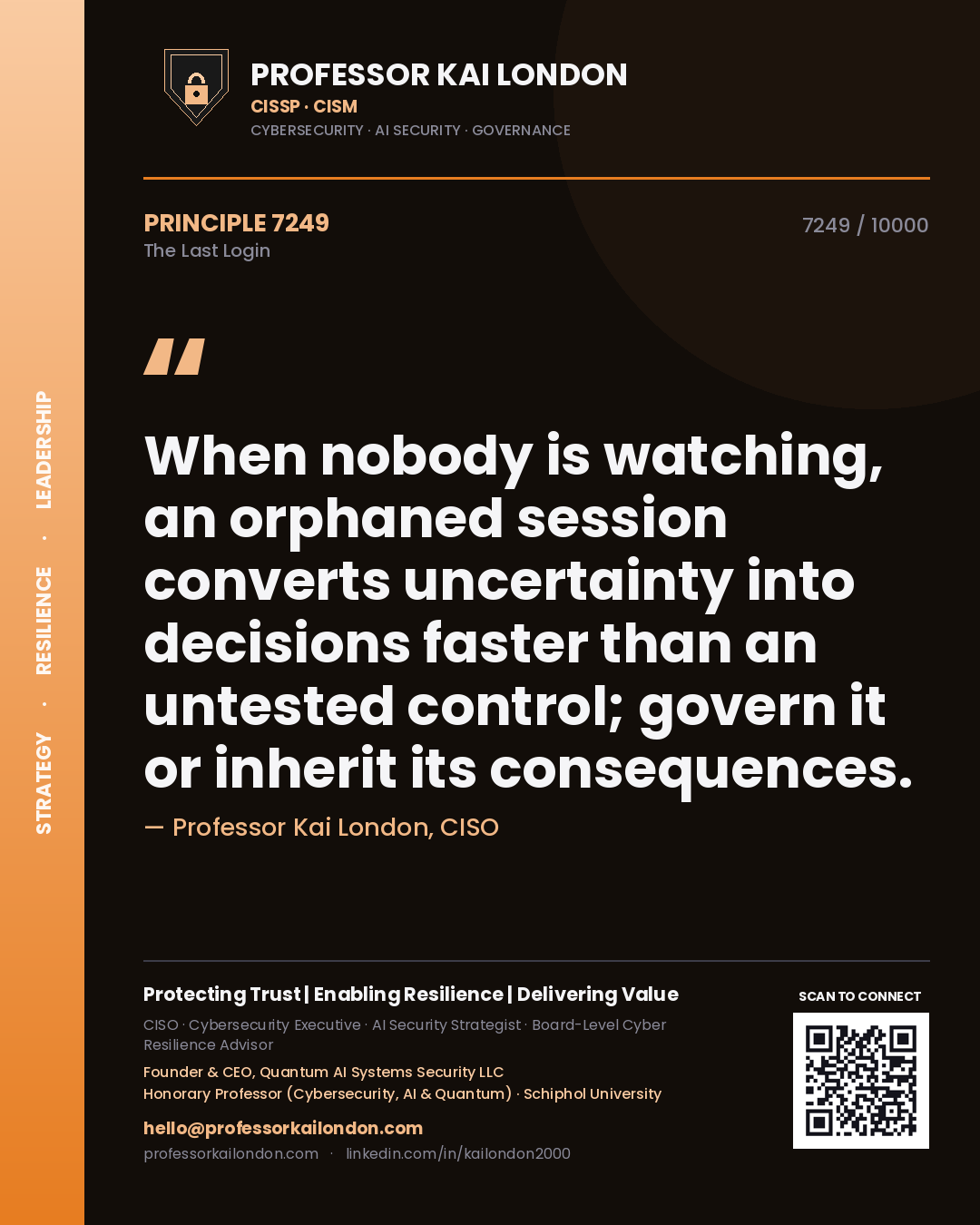Quote card by Professor Kai London reading 'When nobody is watching, an orphaned session converts uncertainty into decisions faster than an untested control; govern it or inherit its consequences.'. From the book The Last Login.