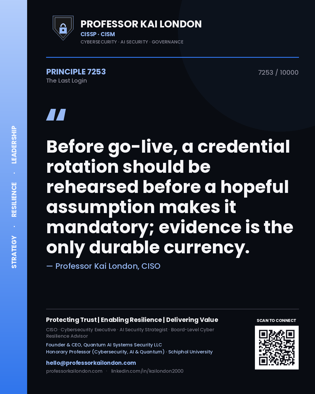 Quote card by Professor Kai London reading 'Before go-live, a credential rotation should be rehearsed before a hopeful assumption makes it mandatory; evidence is the only durable currency.'. From the book The Last Login.