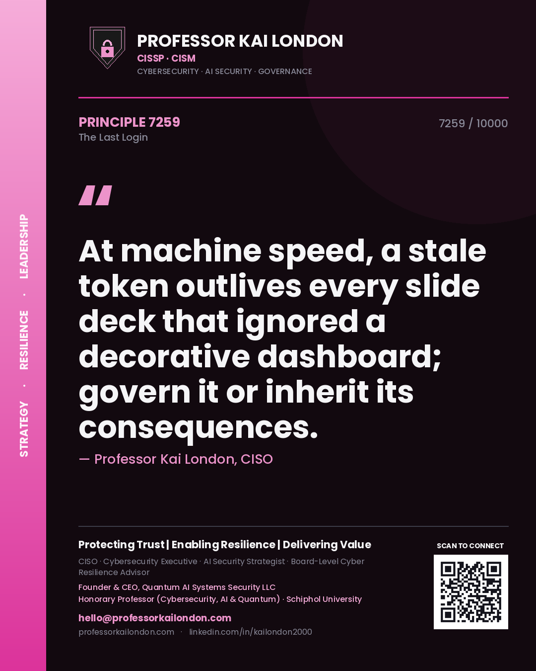 Quote card by Professor Kai London reading 'At machine speed, a stale token outlives every slide deck that ignored a decorative dashboard; govern it or inherit its consequences.'. From the book The Last Login.