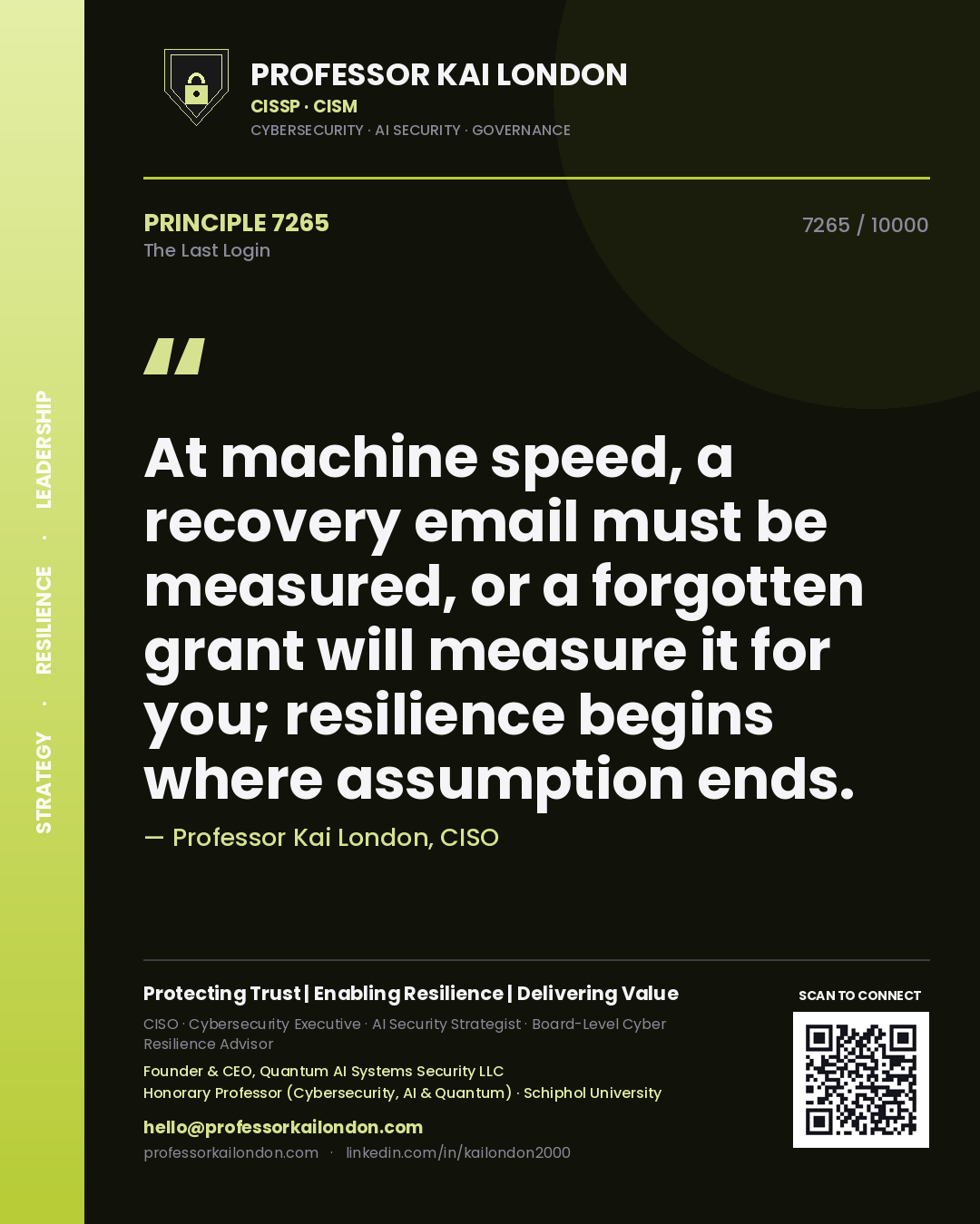 Professor Kai London principle 7265: At machine speed, a recovery email must be measured, or a forgotten grant will measure it for you; resilience begins where assumption ends.