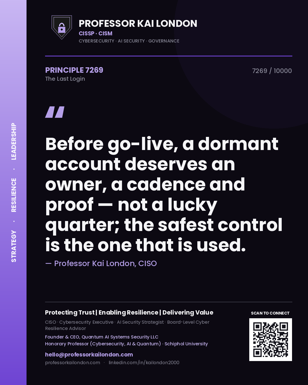Professor Kai London principle 7269: Before go-live, a dormant account deserves an owner, a cadence and proof — not a lucky quarter; the safest control is the one that is used.