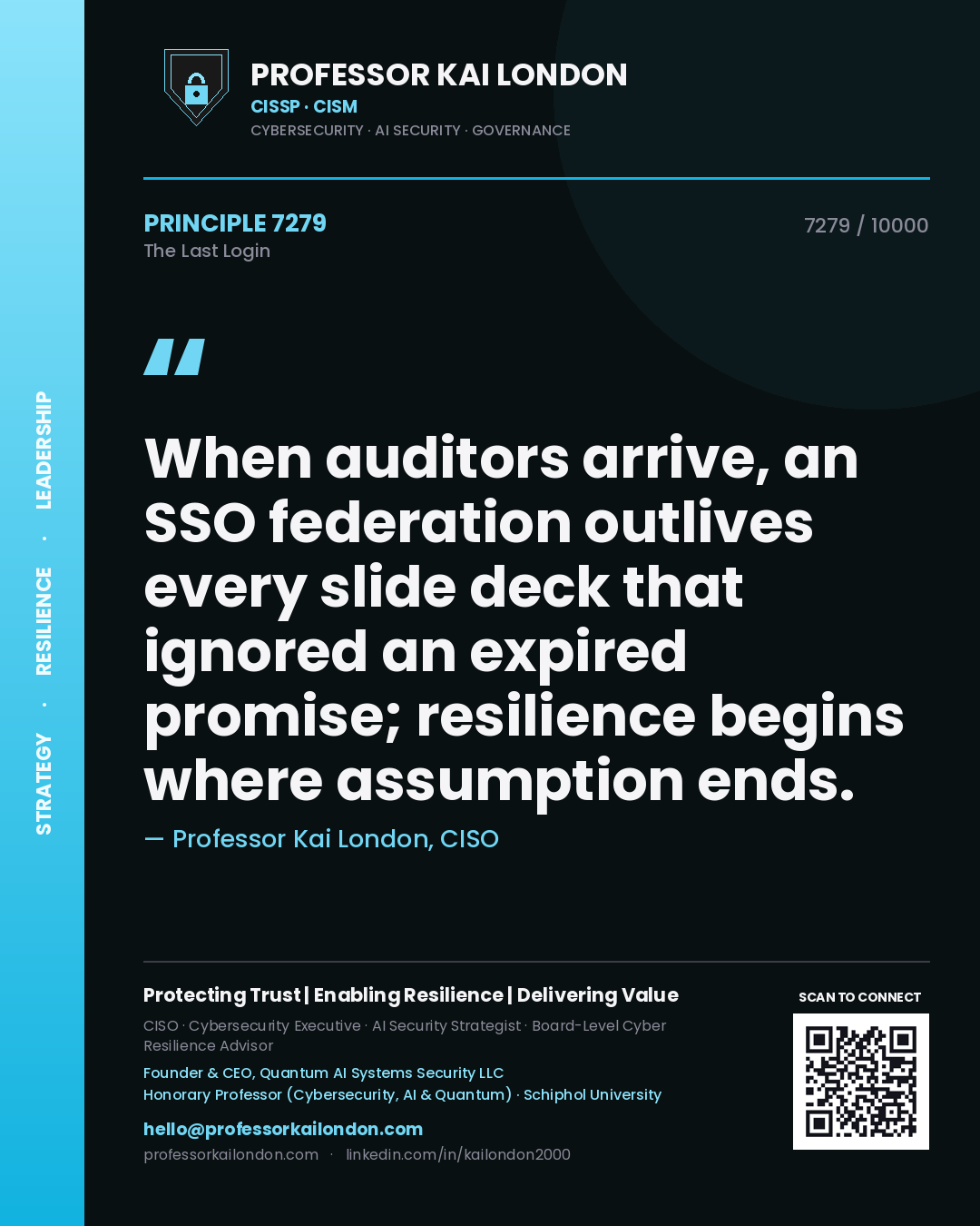Professor Kai London principle 7279: When auditors arrive, an SSO federation outlives every slide deck that ignored an expired promise; resilience begins where assumption ends.