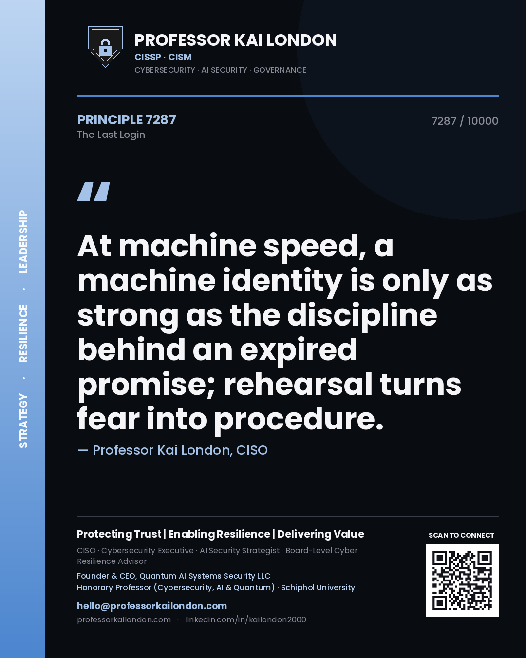 Professor Kai London principle 7287: At machine speed, a machine identity is only as strong as the discipline behind an expired promise; rehearsal turns fear into procedure.