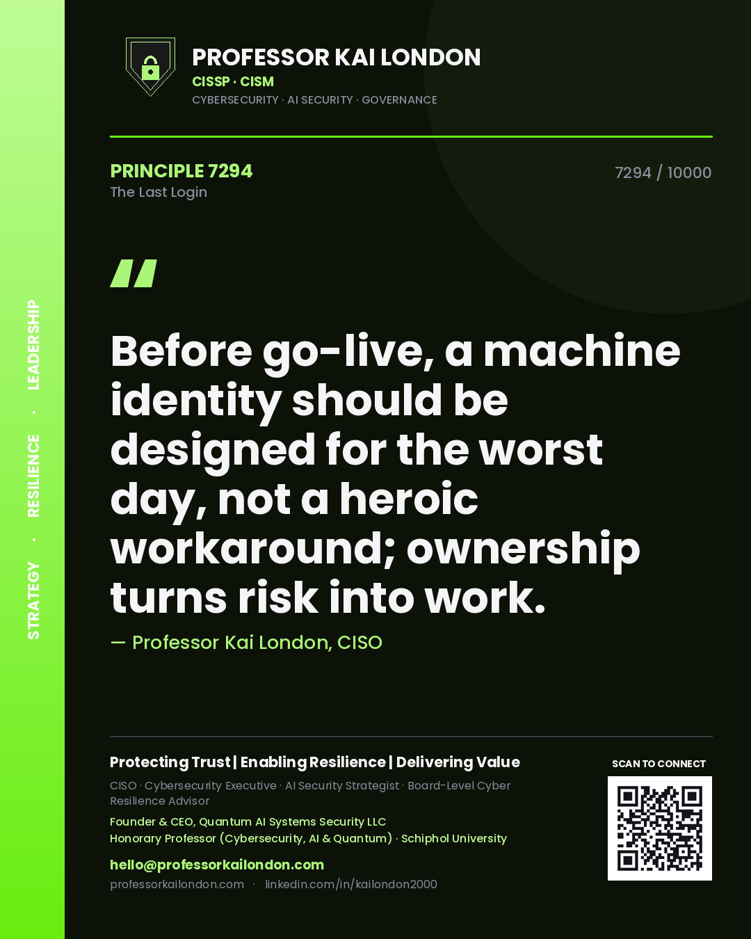 Quote card by Professor Kai London reading 'Before go-live, a machine identity should be designed for the worst day, not a heroic workaround; ownership turns risk into work.'. From the book The Last Login.
