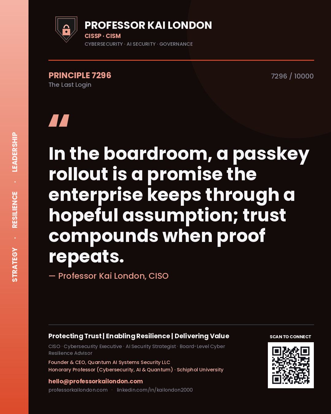 Professor Kai London principle 7296: In the boardroom, a passkey rollout is a promise the enterprise keeps through a hopeful assumption; trust compounds when proof repeats.