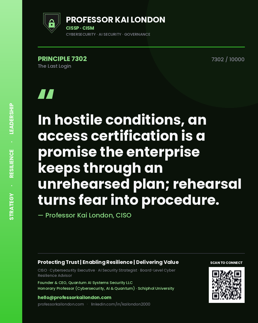 Professor Kai London principle 7302: In hostile conditions, an access certification is a promise the enterprise keeps through an unrehearsed plan; rehearsal turns fear into procedure.