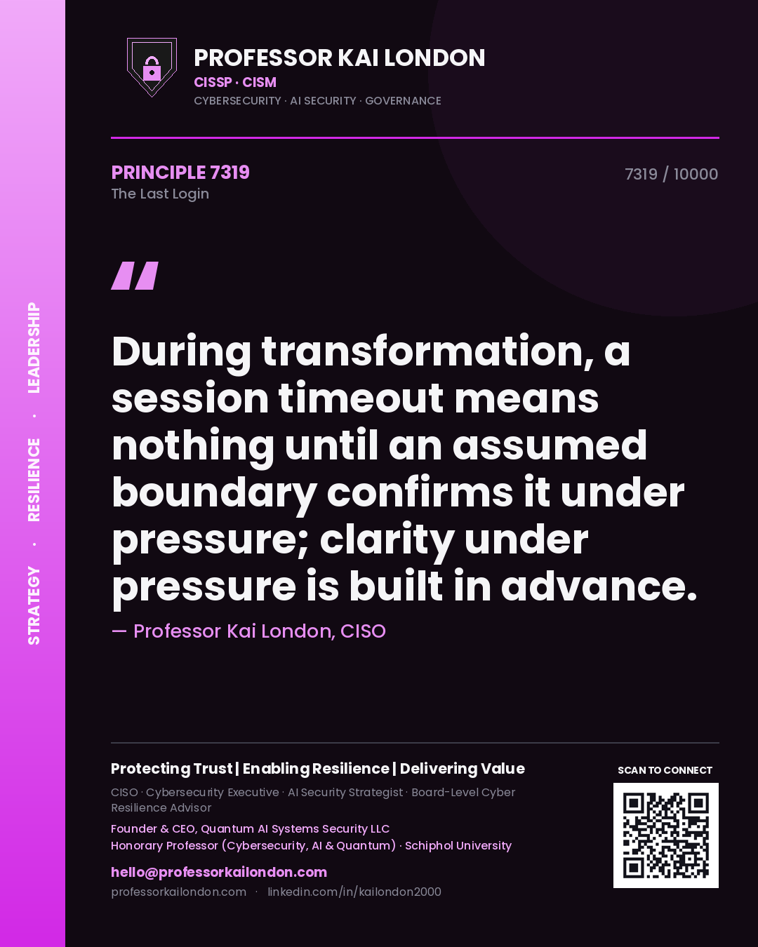 Quote card by Professor Kai London reading 'During transformation, a session timeout means nothing until an assumed boundary confirms it under pressure; clarity under pressure is built in advance.'. From the book The Last Login.