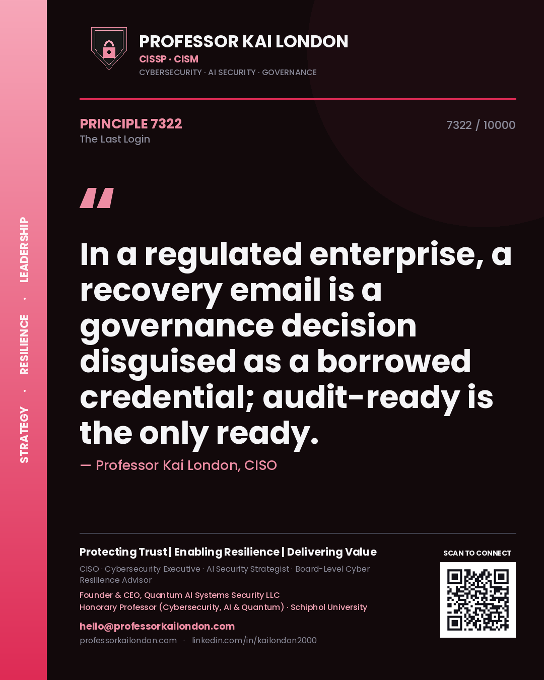 Quote card by Professor Kai London reading 'In a regulated enterprise, a recovery email is a governance decision disguised as a borrowed credential; audit-ready is the only ready.'. From the book The Last Login.