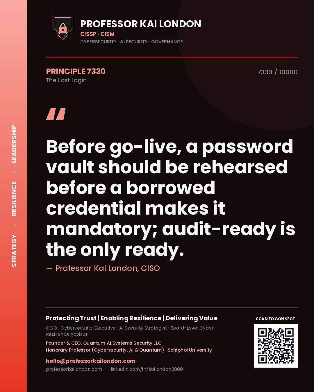 Quote card by Professor Kai London reading 'Before go-live, a password vault should be rehearsed before a borrowed credential makes it mandatory; audit-ready is the only ready.'. From the book The Last Login.