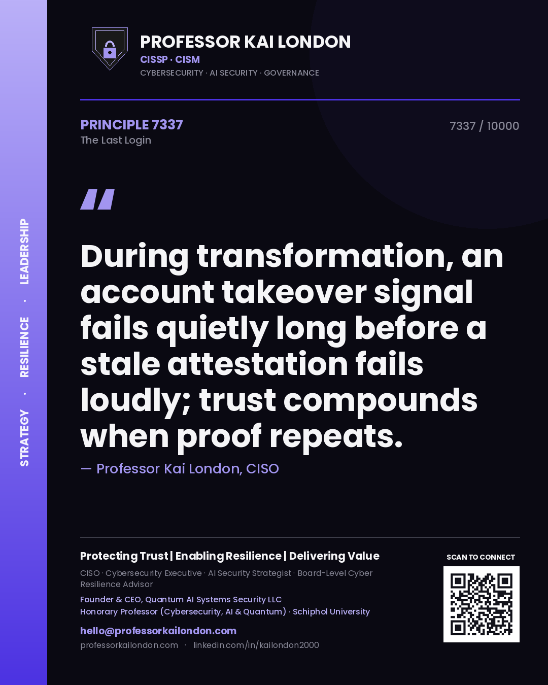 Quote card by Professor Kai London reading 'During transformation, an account takeover signal fails quietly long before a stale attestation fails loudly; trust compounds when proof repeats.'. From the book The Last Login.