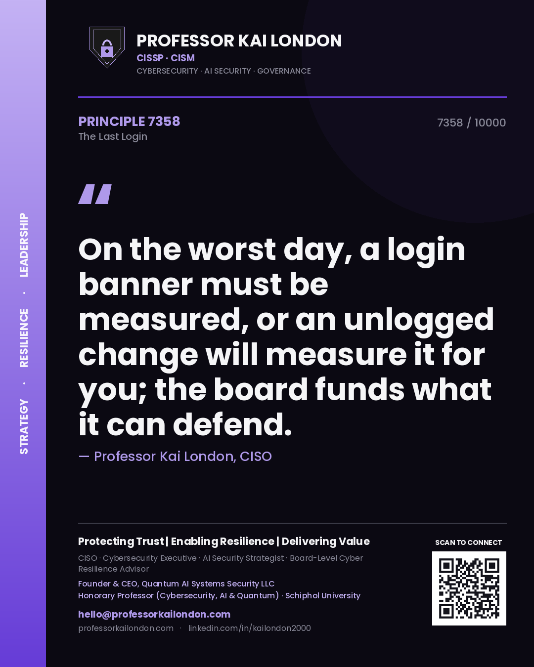 Quote card by Professor Kai London reading 'On the worst day, a login banner must be measured, or an unlogged change will measure it for you; the board funds what it can defend.'. From the book The Last Login.