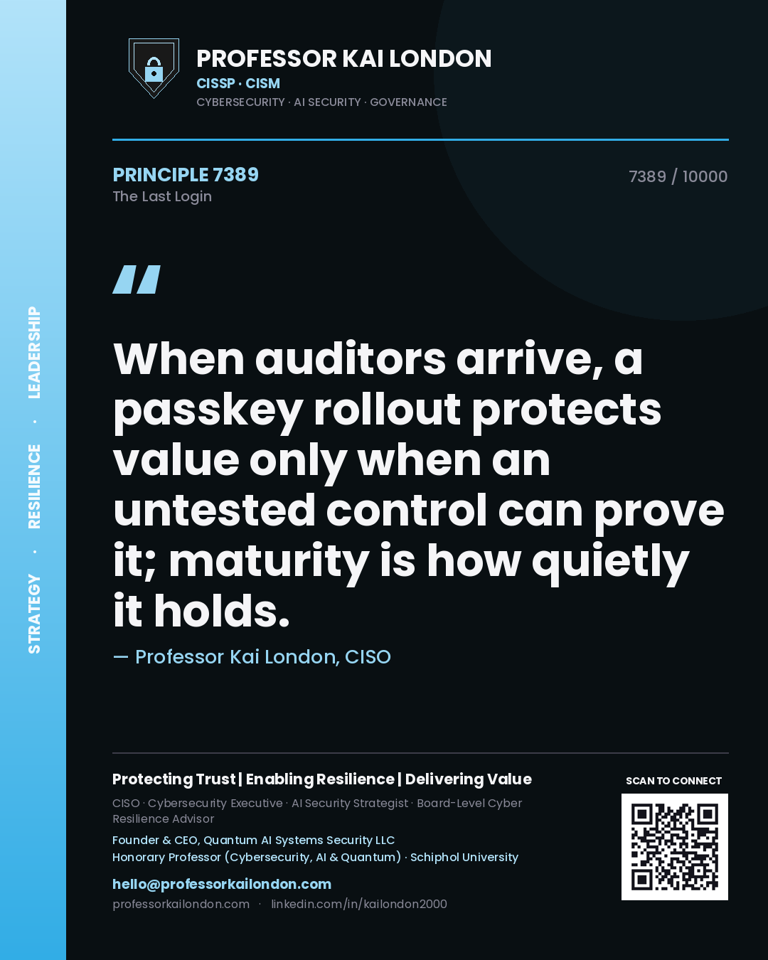 Quote card by Professor Kai London reading 'When auditors arrive, a passkey rollout protects value only when an untested control can prove it; maturity is how quietly it holds.'. From the book The Last Login.