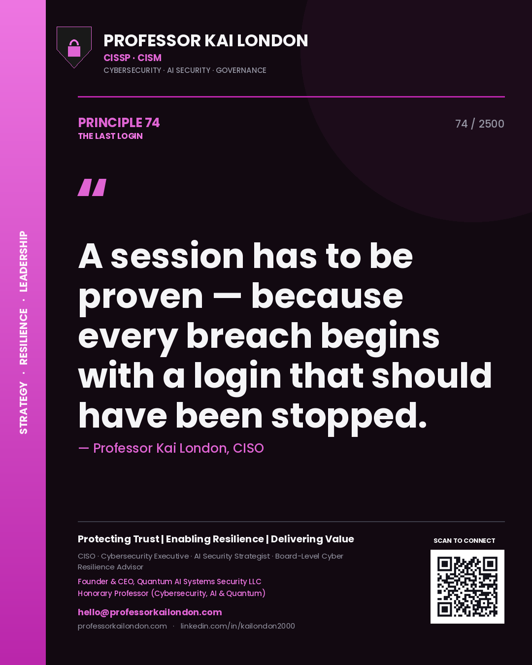 Professor Kai London principle 74: A session has to be proven — because every breach begins with a login that should have been stopped.