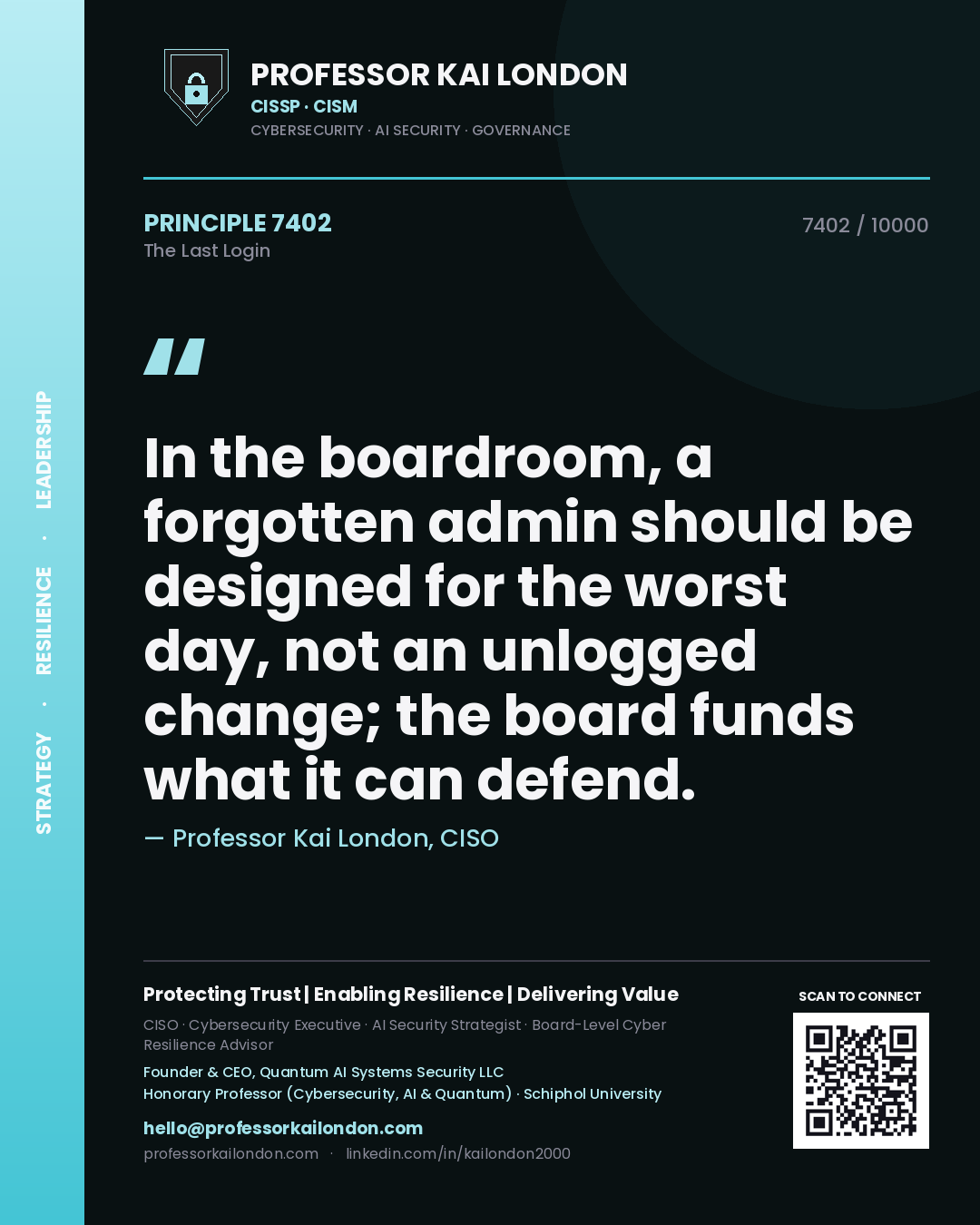 Quote card by Professor Kai London reading 'In the boardroom, a forgotten admin should be designed for the worst day, not an unlogged change; the board funds what it can defend.'. From the book The Last Login.