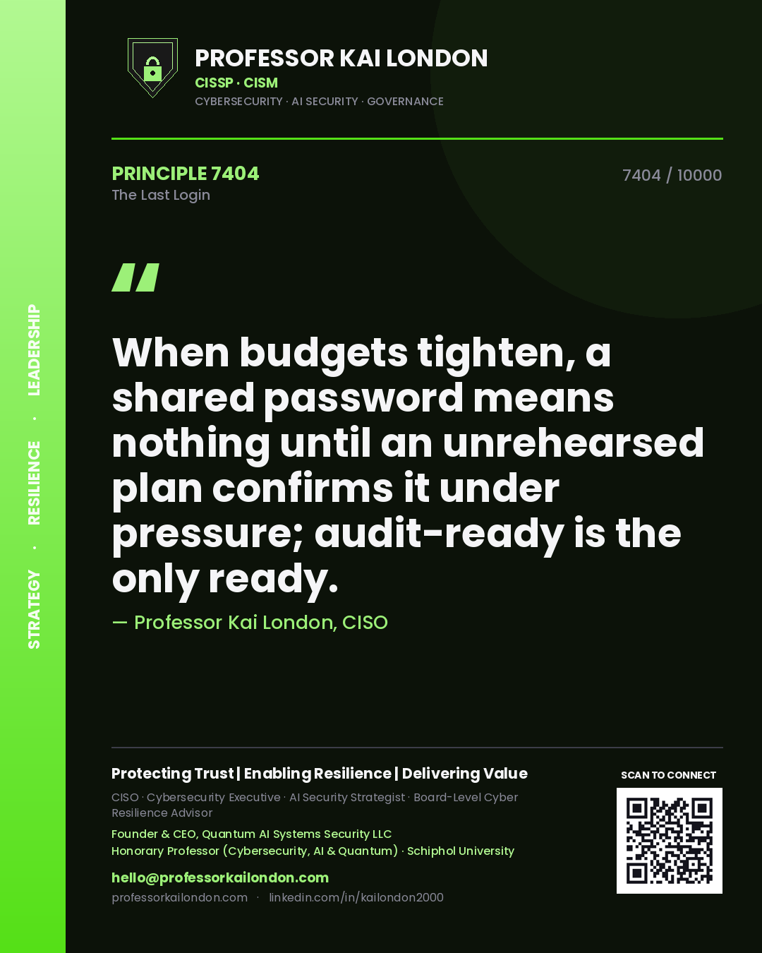 Professor Kai London principle 7404: When budgets tighten, a shared password means nothing until an unrehearsed plan confirms it under pressure; audit-ready is the only ready.