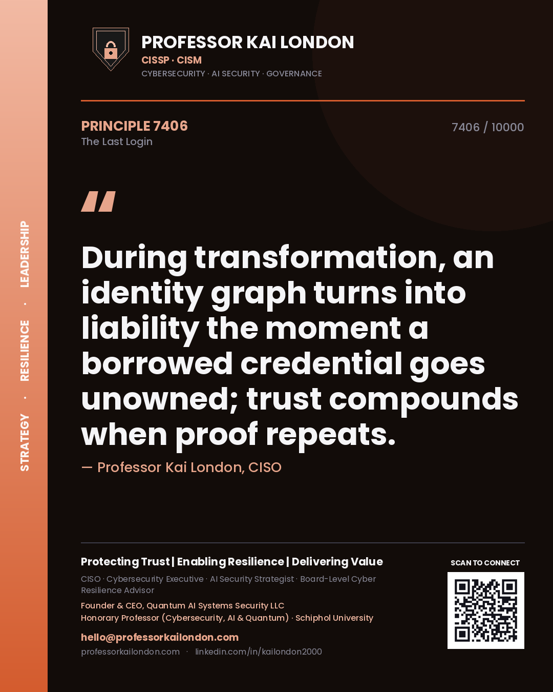 Quote card by Professor Kai London reading 'During transformation, an identity graph turns into liability the moment a borrowed credential goes unowned; trust compounds when proof repeats.'. From the book The Last Login.