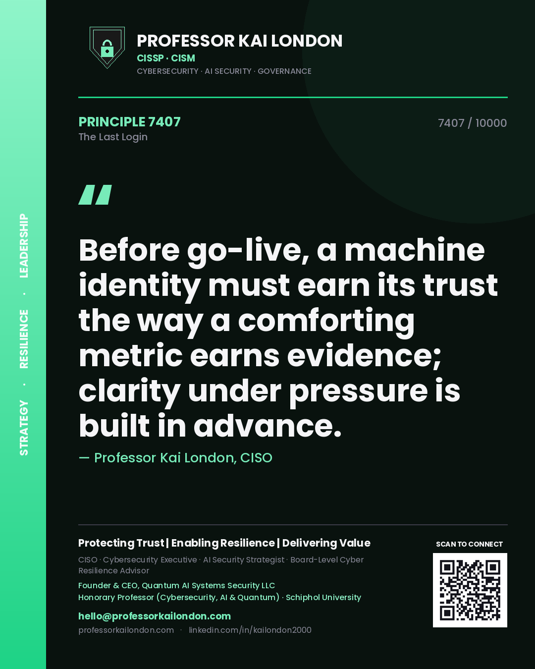 Professor Kai London principle 7407: Before go-live, a machine identity must earn its trust the way a comforting metric earns evidence; clarity under pressure is built in advance.