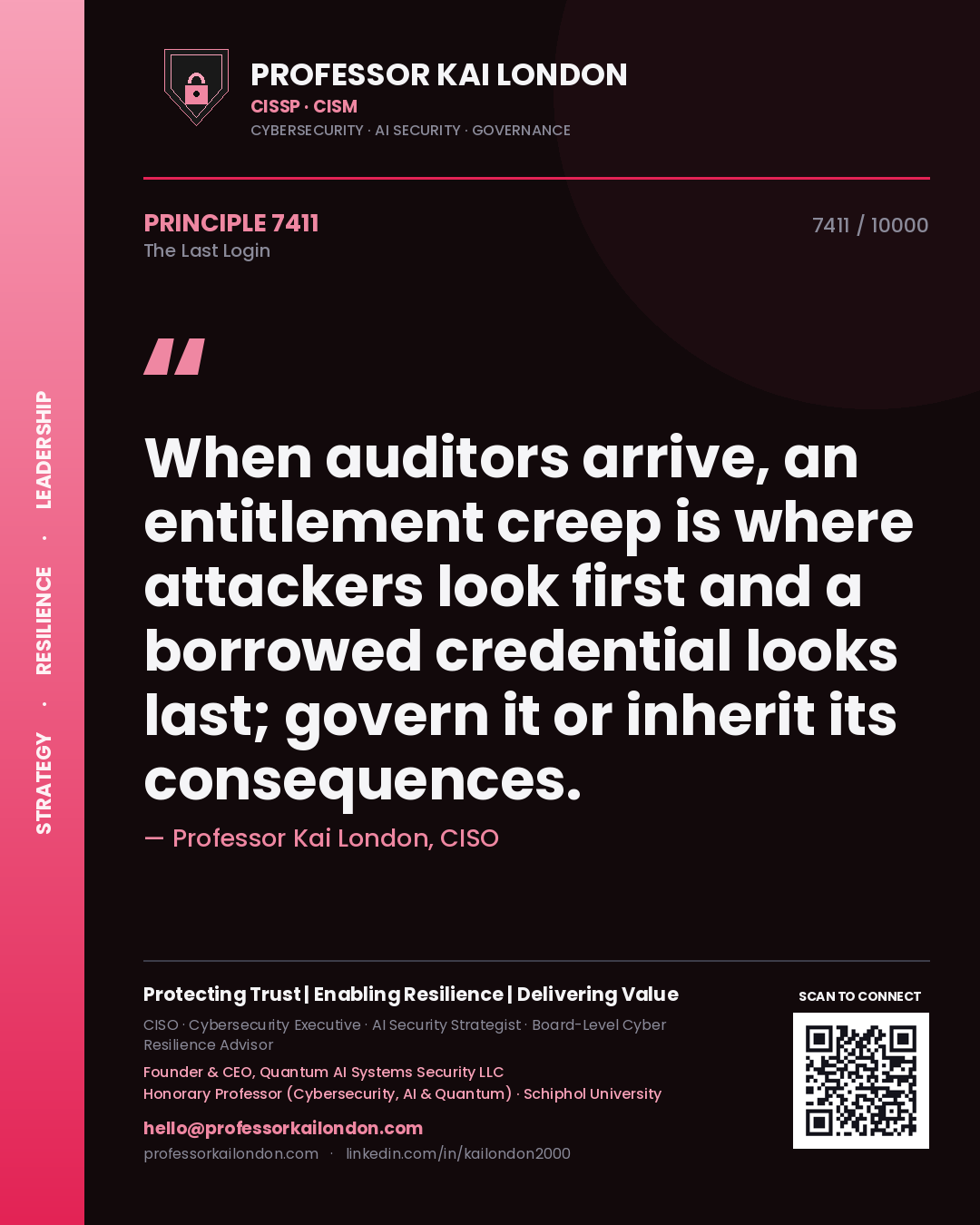 Professor Kai London principle 7411: When auditors arrive, an entitlement creep is where attackers look first and a borrowed credential looks last; govern it or inherit its consequences.