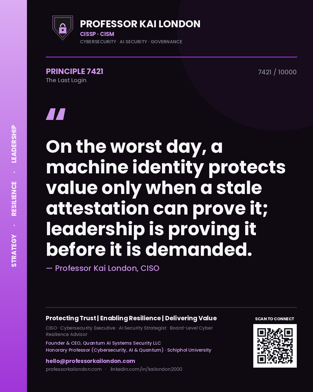 Quote card by Professor Kai London reading 'On the worst day, a machine identity protects value only when a stale attestation can prove it; leadership is proving it before it is demanded.'. From the book The Last Login.