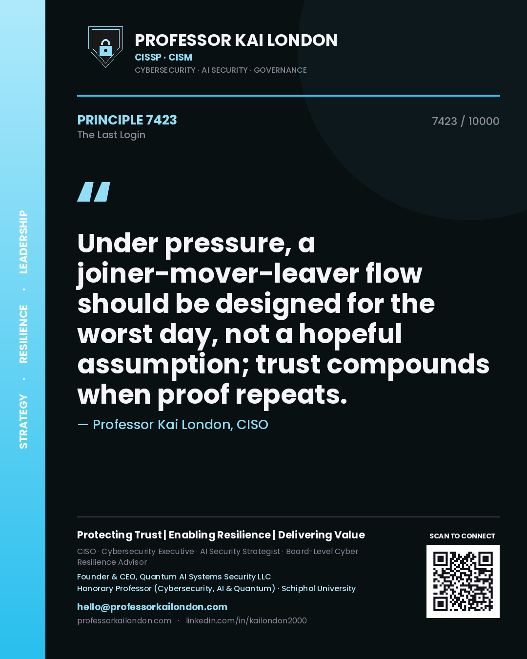 Professor Kai London principle 7423: Under pressure, a joiner-mover-leaver flow should be designed for the worst day, not a hopeful assumption; trust compounds when proof repeats.